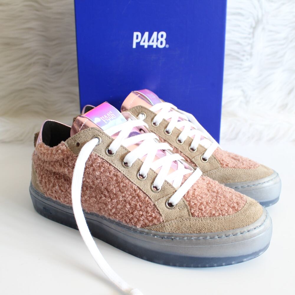 P448 John Sherpa Fuzzy Pink Holo Tan Suede Blue Sneakers